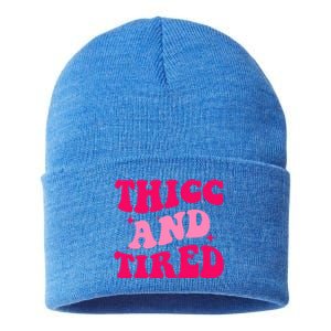 Thicc And Tired Funny Saying Groovy Great Gift Sustainable Knit Beanie