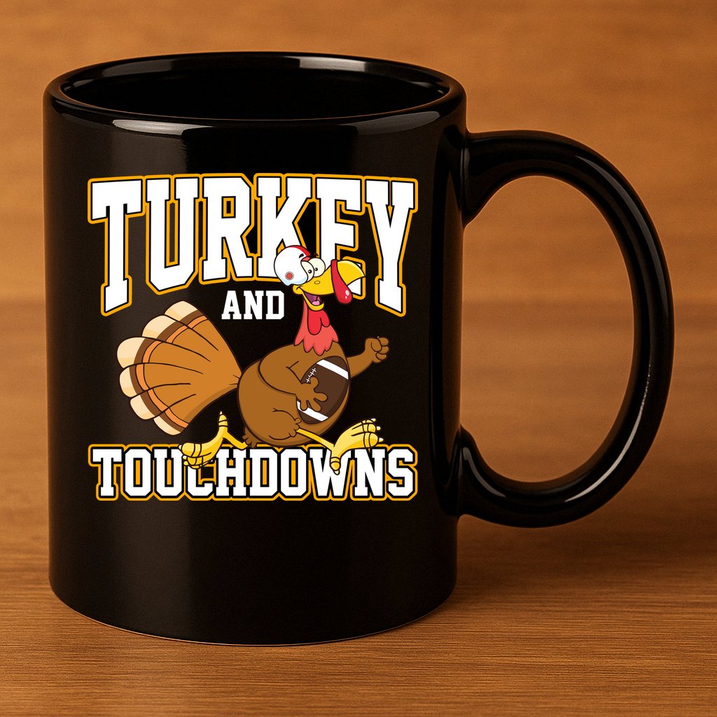 Turkey And Touchdowns Thanksgiving Football 11oz C Handle Ceramic Mug