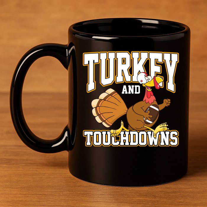 Turkey And Touchdowns Thanksgiving Football 11oz C Handle Ceramic Mug