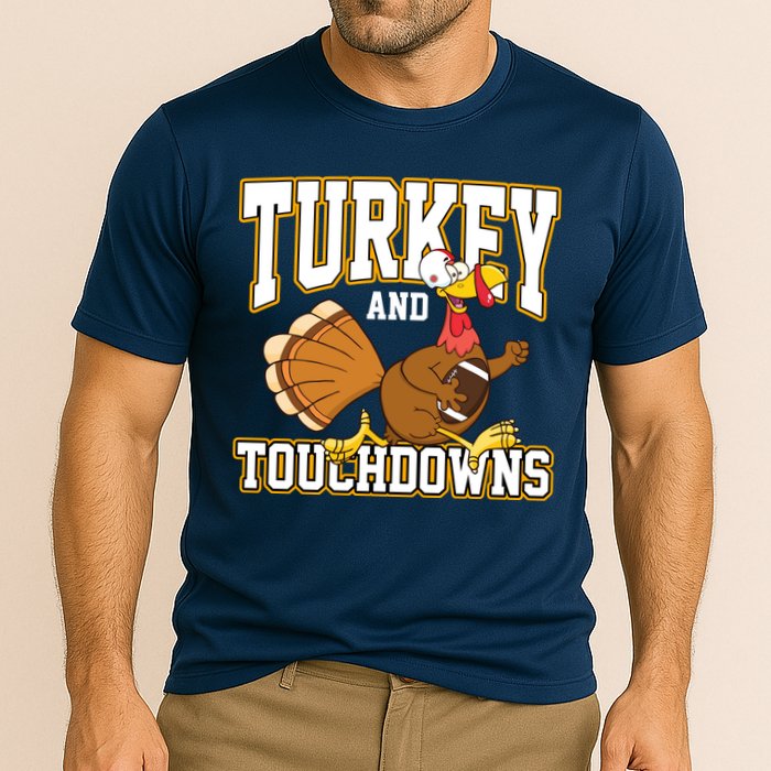 Turkey And Touchdowns Thanksgiving Football Cooling Performance Crew T-Shirt