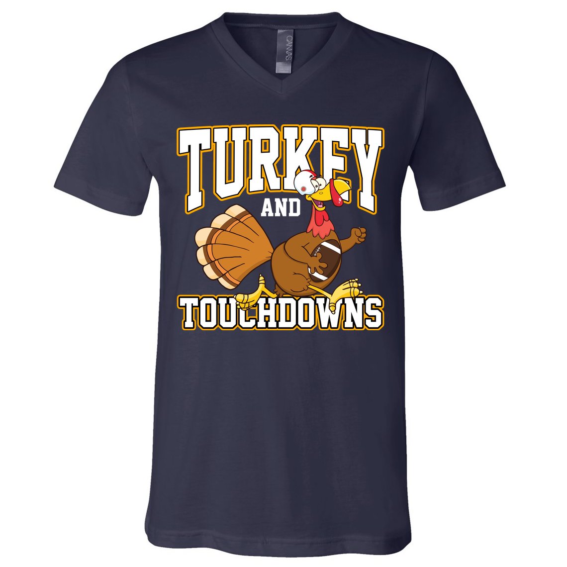 Turkey And Touchdowns Thanksgiving Football V-Neck T-Shirt