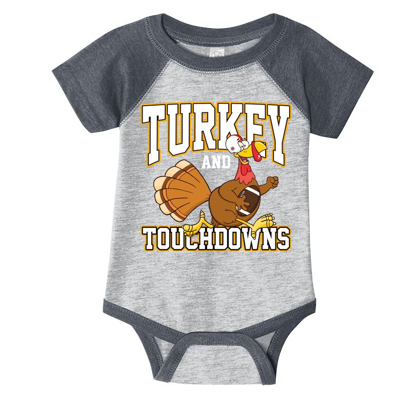 Turkey And Touchdowns Thanksgiving Football Infant Baby Jersey Bodysuit