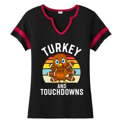 Turkey And Touchdowns Thanksgiving Football Cute Gift Ladies Halftime Notch Neck Tee