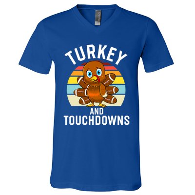 Turkey And Touchdowns Thanksgiving Football Cute Gift V-Neck T-Shirt