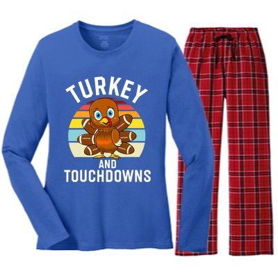 Turkey And Touchdowns Thanksgiving Football Cute Gift Women's Long Sleeve Flannel Pajama Set 