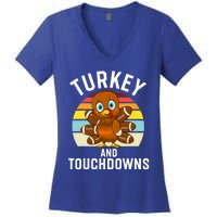 Turkey And Touchdowns Thanksgiving Football Cute Gift Women's V-Neck T-Shirt