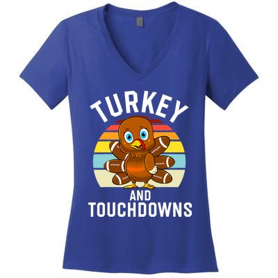 Turkey And Touchdowns Thanksgiving Football Cute Gift Women's V-Neck T-Shirt