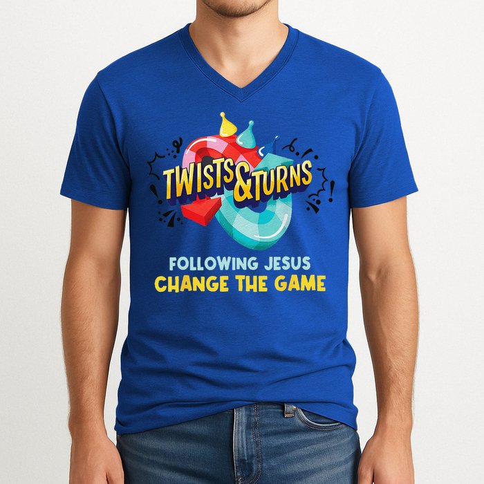 Twists And Turns VBS Follow Jesus Change The Games V-Neck T-Shirt