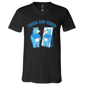 Thicc And Tired Bear Mirror Reflection Humor V-Neck T-Shirt