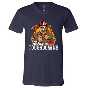 Turkey and Touchdowns Funny Thanksgiving Football V-Neck T-Shirt