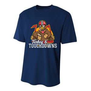 Turkey and Touchdowns Funny Thanksgiving Football Performance Sprint T-Shirt