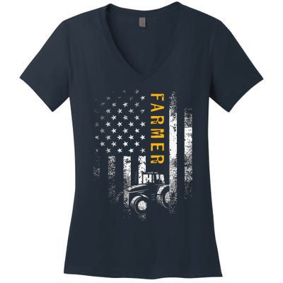 Tractor American USA Flag Funny Farmer Rancher Gifts Farming Women's V-Neck T-Shirt