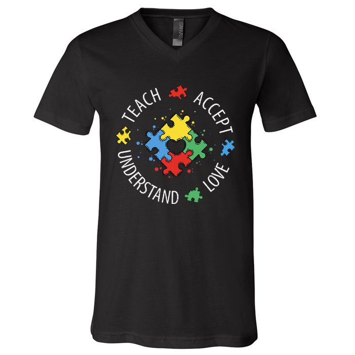 Teach Accept Understand Love Autism Teacher V-Neck T-Shirt