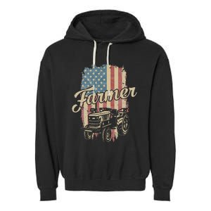 Tractor American USA Flag Funny Farmer Rancher Farming Garment-Dyed Fleece Hoodie