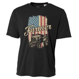 Tractor American USA Flag Funny Farmer Rancher Farming Cooling Performance Crew T-Shirt