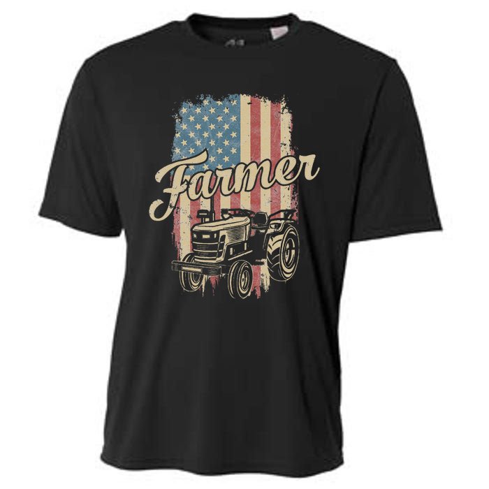 Tractor American USA Flag Funny Farmer Rancher Farming Cooling Performance Crew T-Shirt