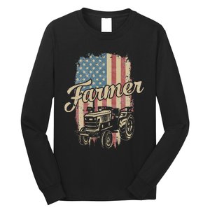 Tractor American USA Flag Funny Farmer Rancher Farming Long Sleeve Shirt