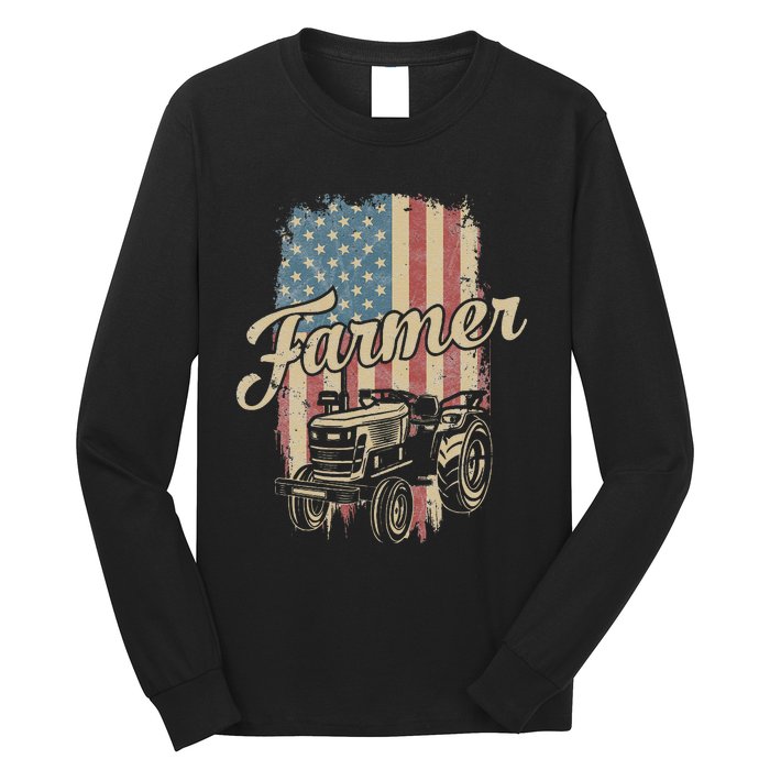 Tractor American USA Flag Funny Farmer Rancher Farming Long Sleeve Shirt