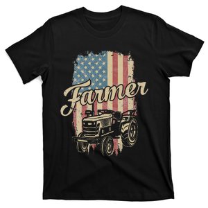 Tractor American USA Flag Funny Farmer Rancher Farming T-Shirt