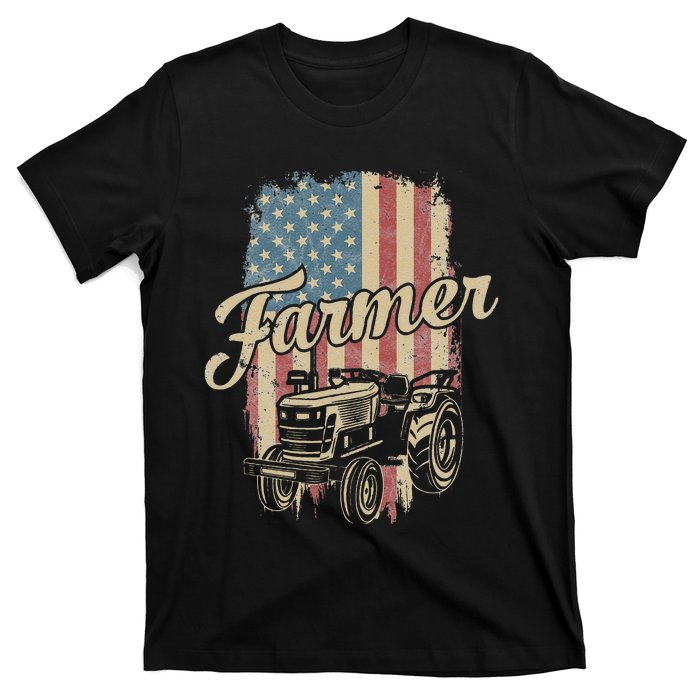 Tractor American USA Flag Funny Farmer Rancher Farming T-Shirt