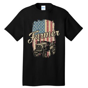 Tractor American USA Flag Funny Farmer Rancher Farming Tall T-Shirt