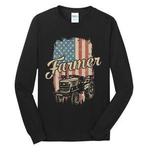 Tractor American USA Flag Funny Farmer Rancher Farming Tall Long Sleeve T-Shirt