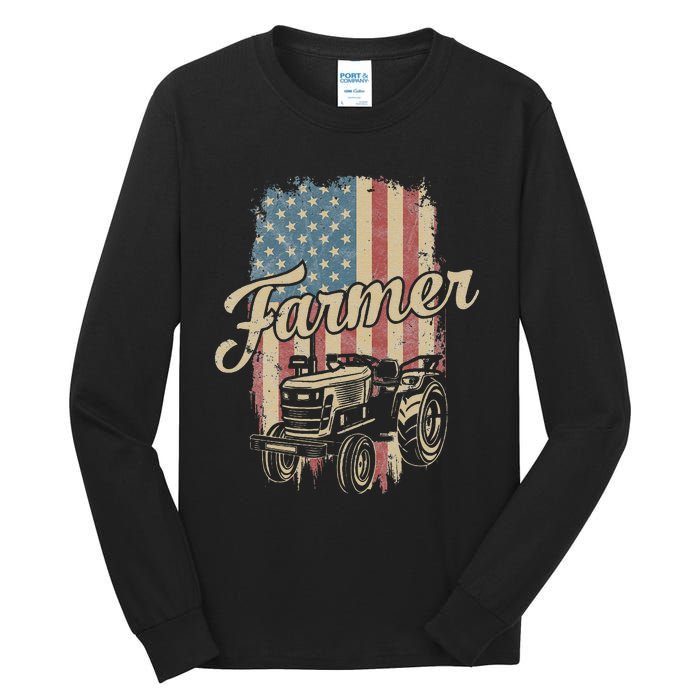 Tractor American USA Flag Funny Farmer Rancher Farming Tall Long Sleeve T-Shirt