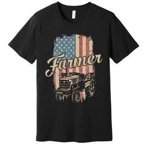 Tractor American USA Flag Funny Farmer Rancher Farming Premium T-Shirt