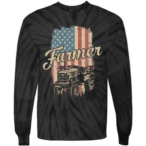 Tractor American USA Flag Funny Farmer Rancher Farming Tie-Dye Long Sleeve Shirt