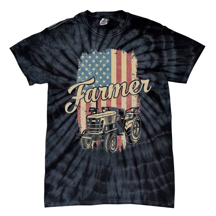 Tractor American USA Flag Funny Farmer Rancher Farming Tie-Dye T-Shirt