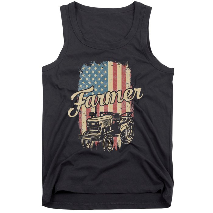 Tractor American USA Flag Funny Farmer Rancher Farming Tank Top