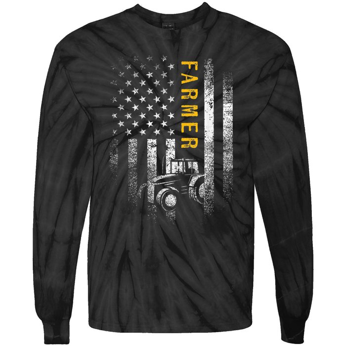 Tractor American Usa Flag Funny Farmer Rancher Gifts Farming Tie-Dye Long Sleeve Shirt