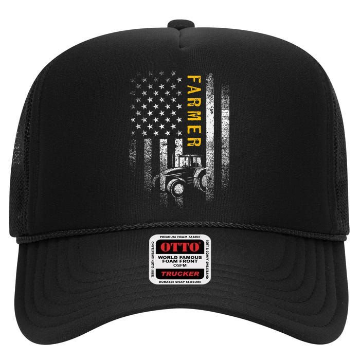 Tractor American Usa Flag Funny Farmer Rancher Gifts Farming High Crown Mesh Back Trucker Hat