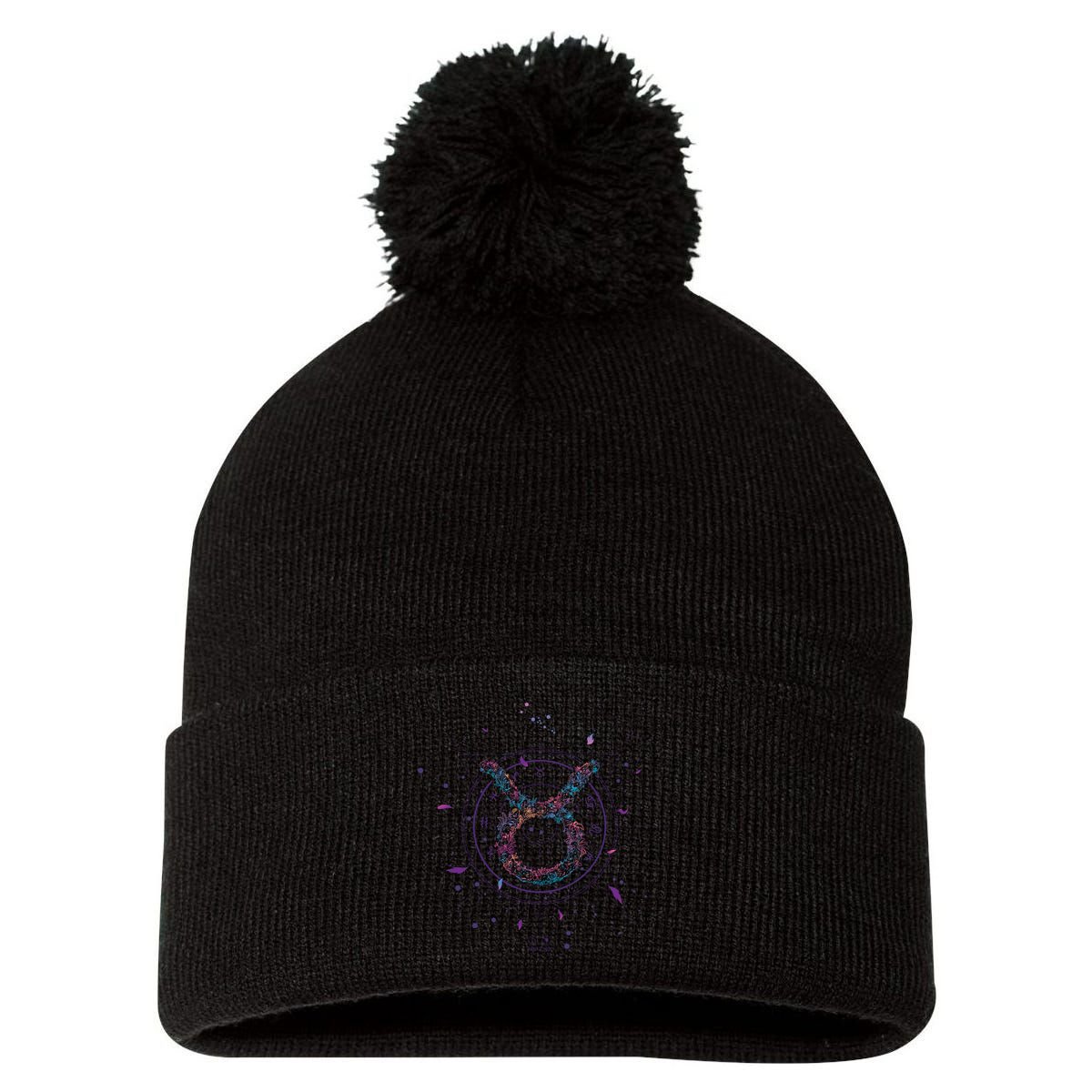 Taurus Floral Zodiac Pom Pom 12in Knit Beanie