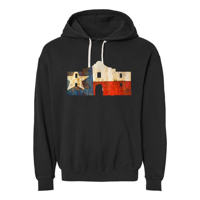 Texas Alamo Wrapped In A Rustic Texas Flag Garment-Dyed Fleece Hoodie