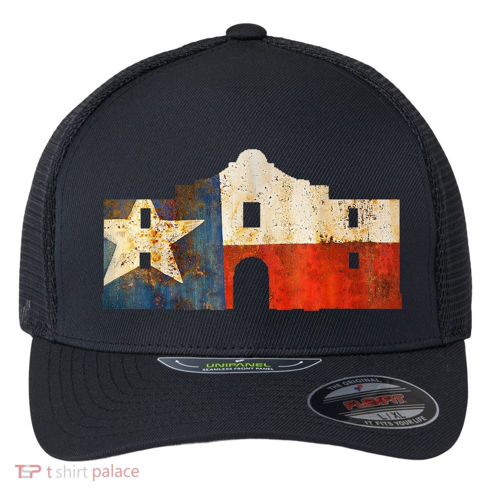 Texas Alamo Wrapped In A Rustic Texas Flag Flexfit Unipanel Trucker Cap