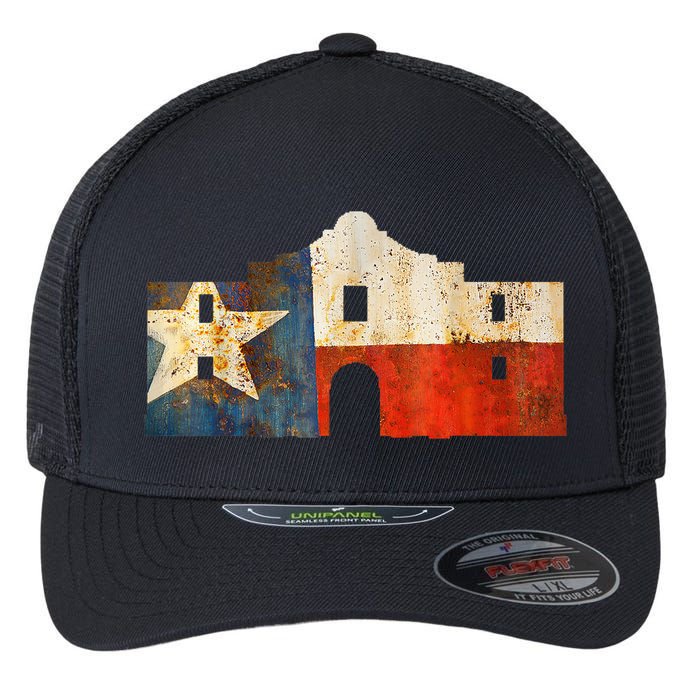 Texas Alamo Wrapped In A Rustic Texas Flag Flexfit Unipanel Trucker Cap