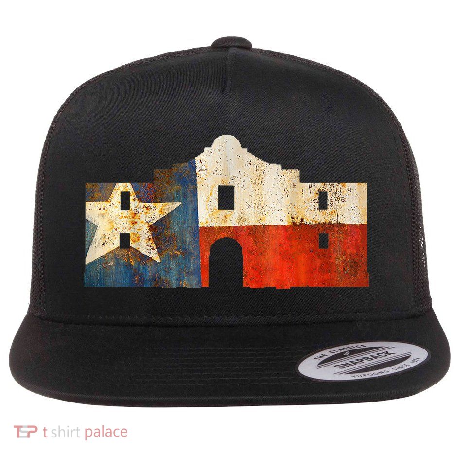 Texas Alamo Wrapped In A Rustic Texas Flag Flatbill Hat