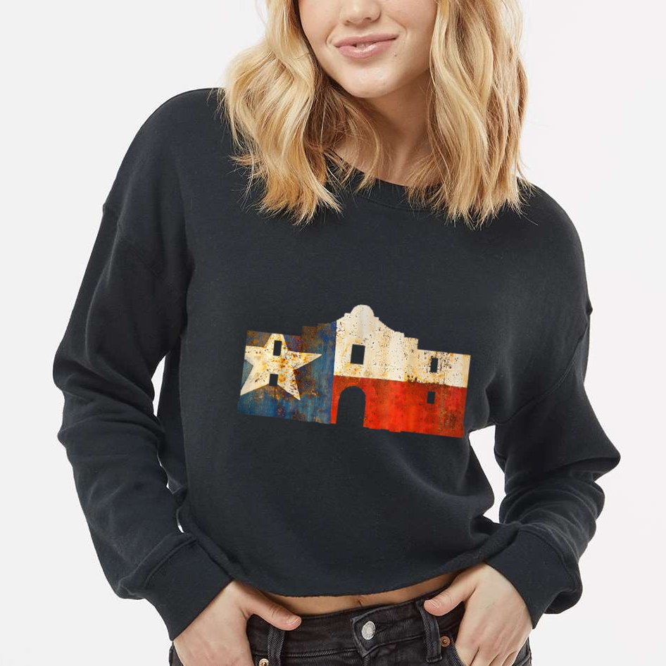 Texas Alamo Wrapped In A Rustic Texas Flag Cropped Pullover Crew