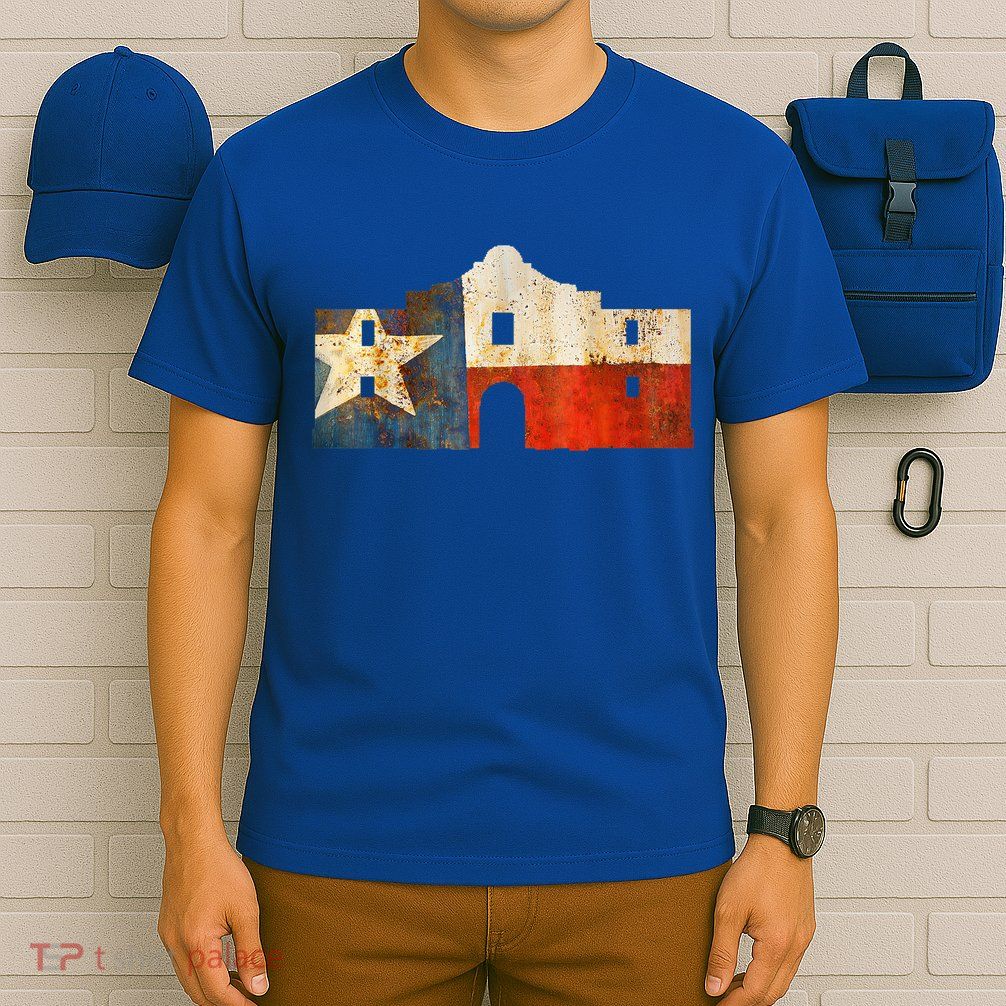 Texas Alamo Wrapped In A Rustic Texas Flag T-Shirt