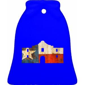 Texas Alamo Wrapped In A Rustic Texas Flag Ceramic Bell Ornament