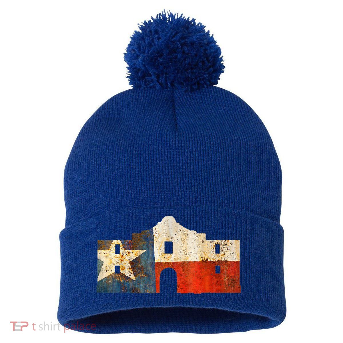 Texas Alamo Wrapped In A Rustic Texas Flag Pom Pom 12in Knit Beanie