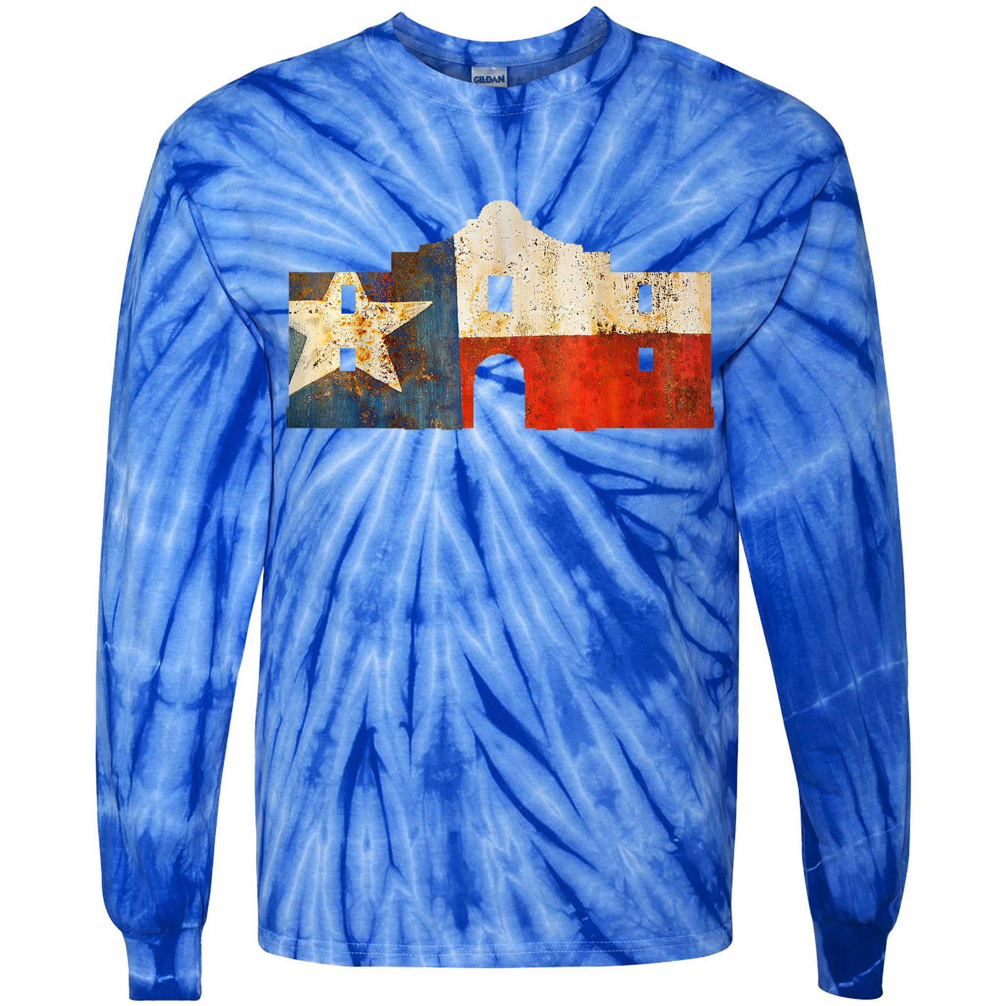 Texas Alamo Wrapped In A Rustic Texas Flag Tie-Dye Long Sleeve Shirt