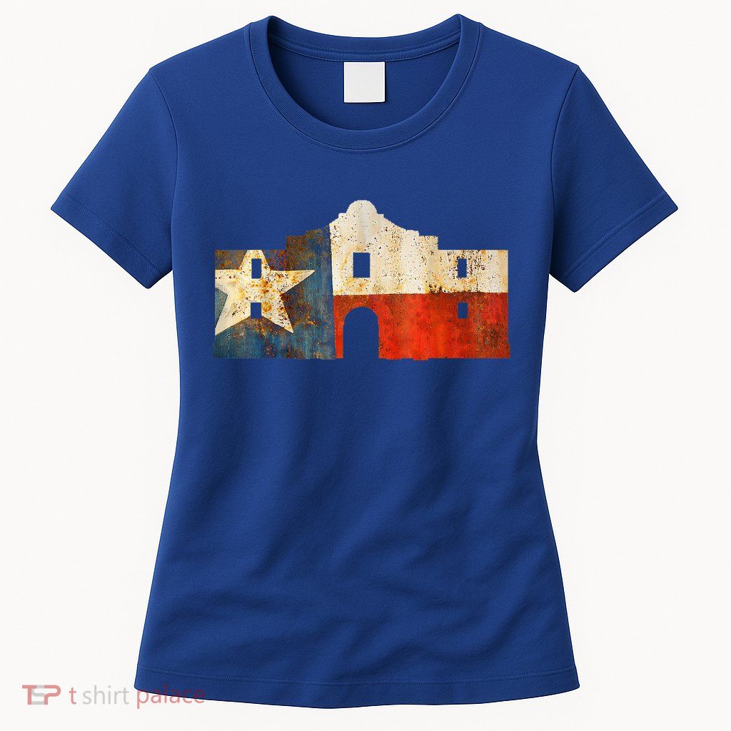 Texas Alamo Wrapped In A Rustic Texas Flag Womens T-Shirt