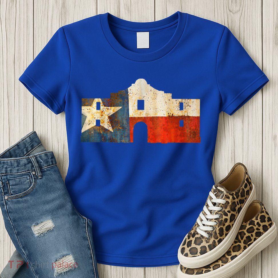 Texas Alamo Wrapped In A Rustic Texas Flag Womens T-Shirt