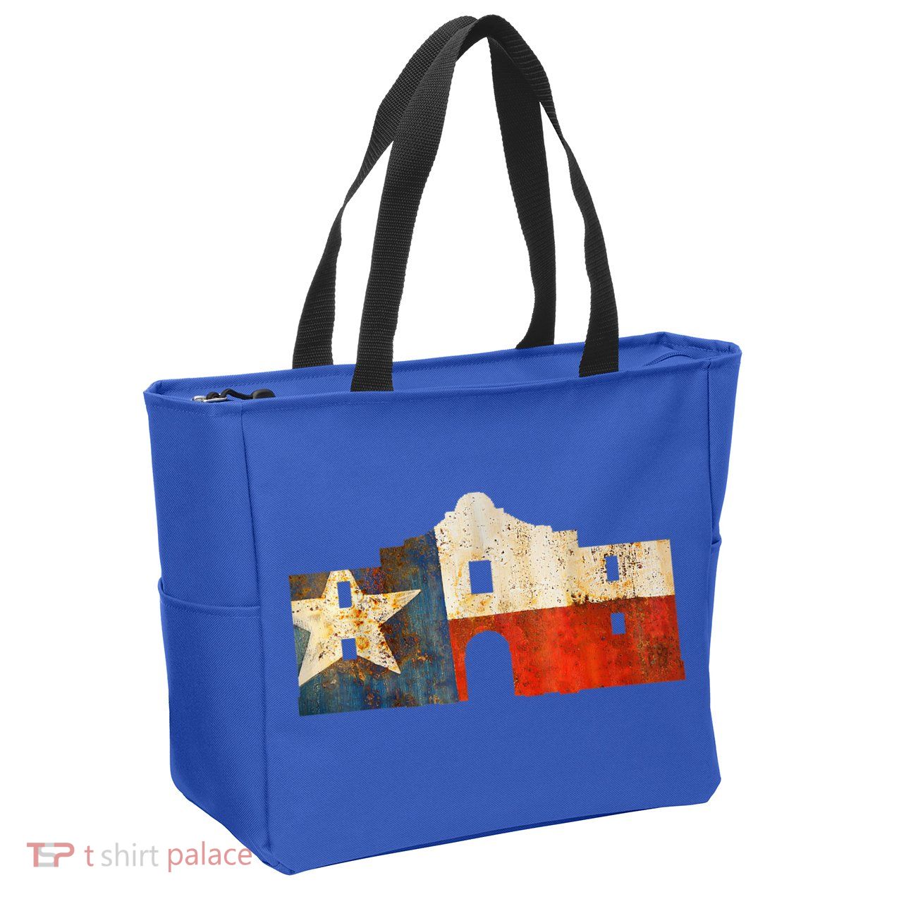 Texas Alamo Wrapped In A Rustic Texas Flag Zip Tote Bag