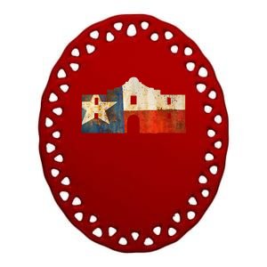 Texas Alamo Wrapped In A Rustic Texas Flag Ceramic Oval Ornament