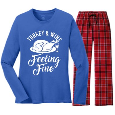 Turkey And Wine Feeling Fine Thanksgiving Gift Women's Long Sleeve Flannel Pajama Set 