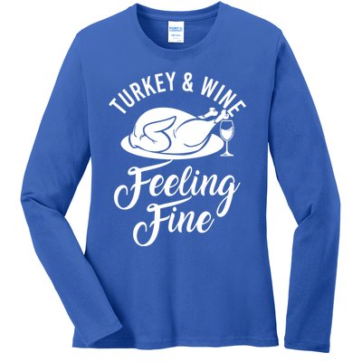 Turkey And Wine Feeling Fine Thanksgiving Gift Ladies Long Sleeve Shirt