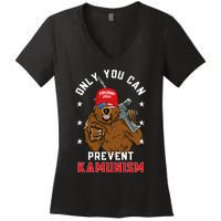 Trump Bearmaga 2024 Only You Can Prevent Kamunism Women's V-Neck T-Shirt